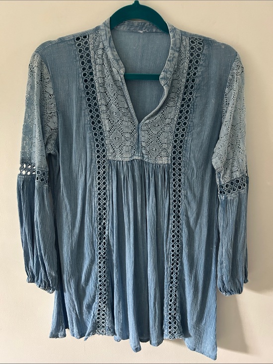 Tops - Boho Y2K Light Blue Lace-Trim Women's Peasant Top Eyelet Detail Cottagecore